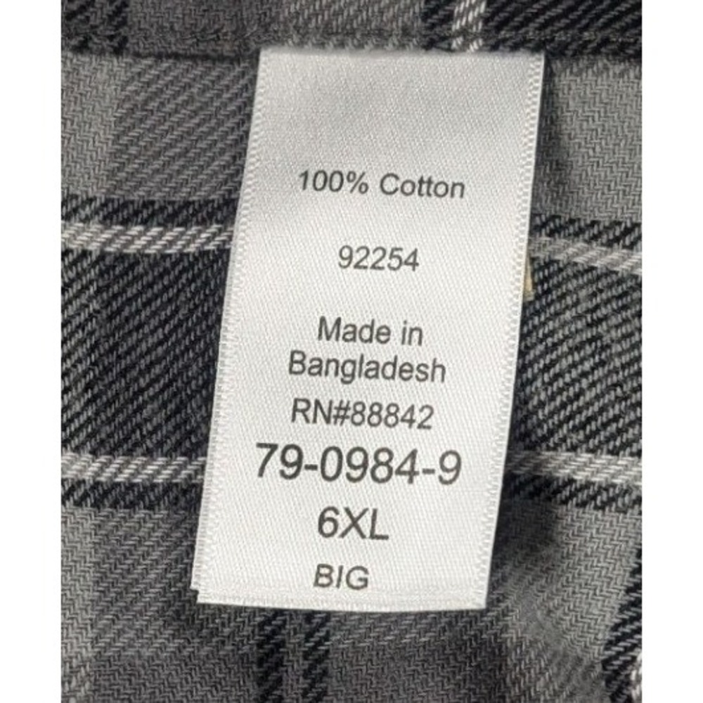 KingSize Mens 6XL Long Sleeve Flannel Shirt Grey Black Plaid Button Down Pocket - Picture 8 of 10
